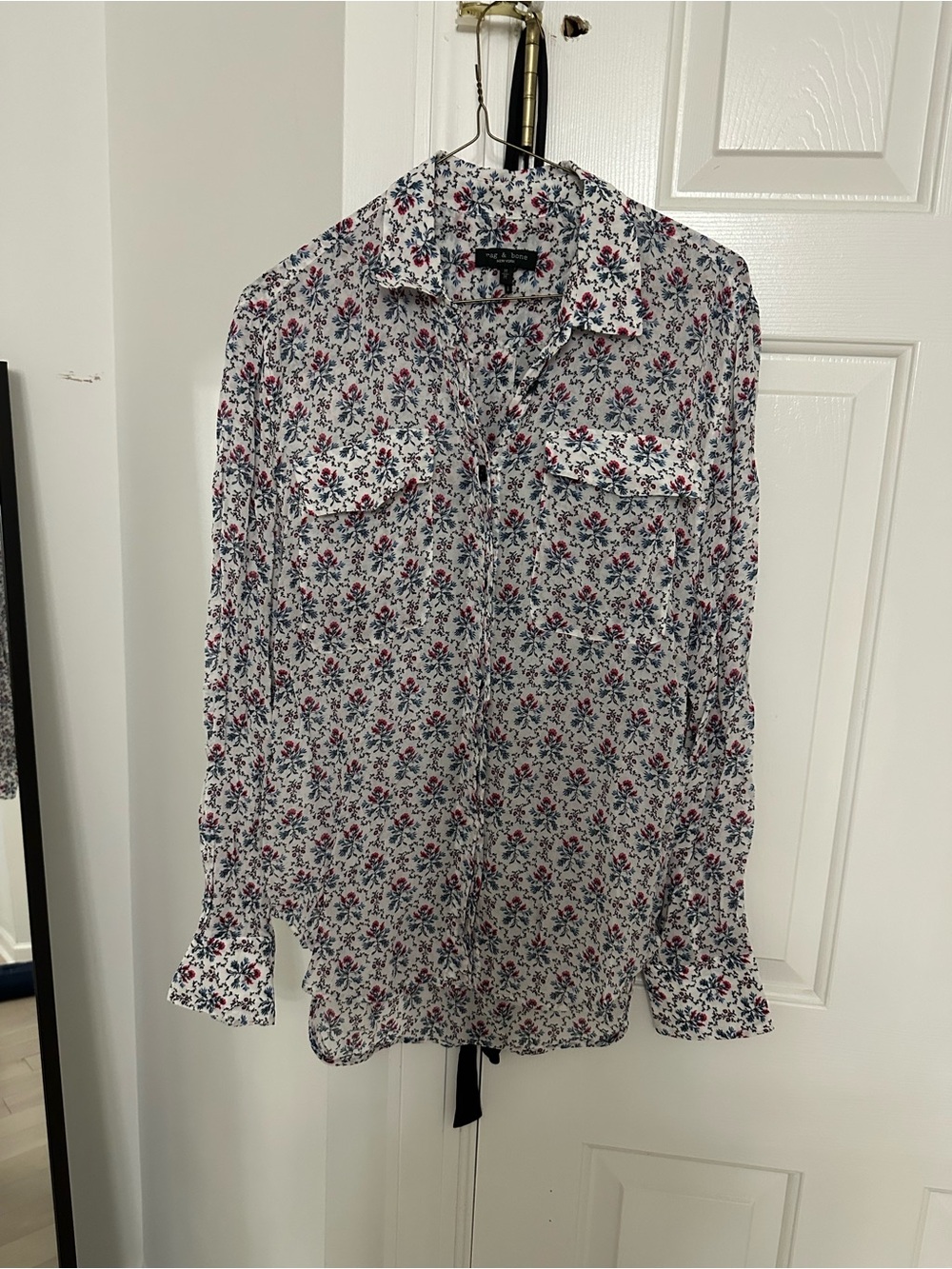 rag & bone White Floral Button-Down Shirt with Pink & Blue Blossoms